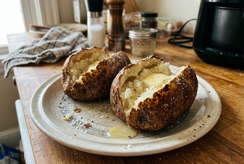 Air fryer baked potatoes with crispy salted skins, split open and steaming