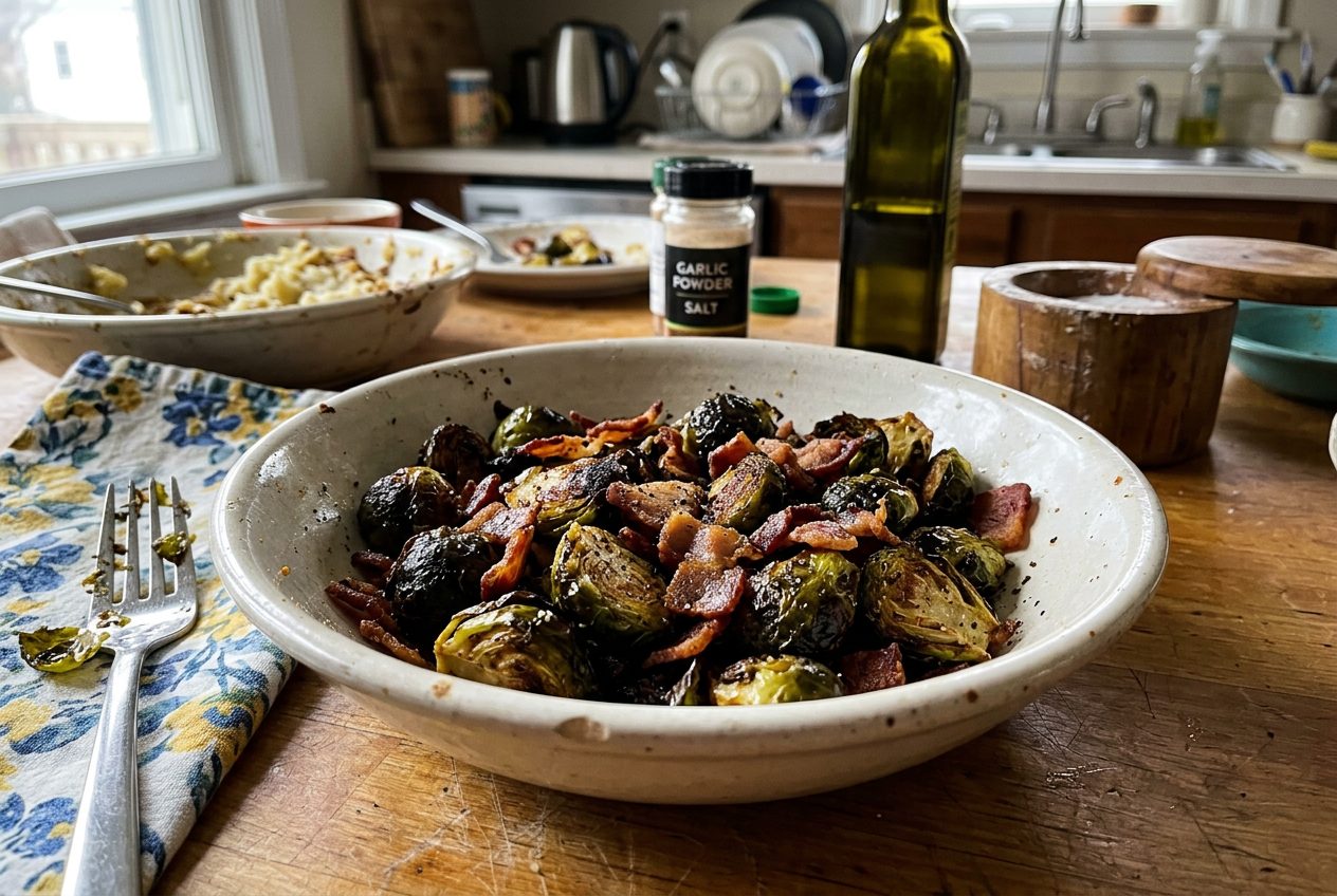 Charred air fryer brussels sprouts tossed with crispy bacon pieces