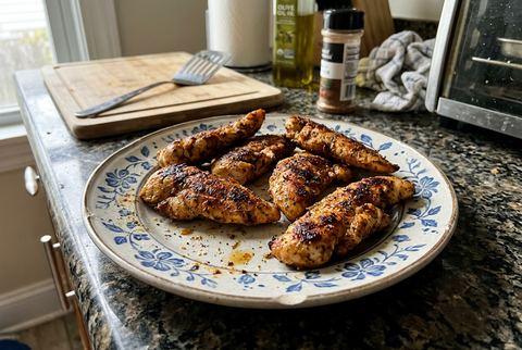 Seasoned no-breading chicken tenders cooked golden in the air fryer