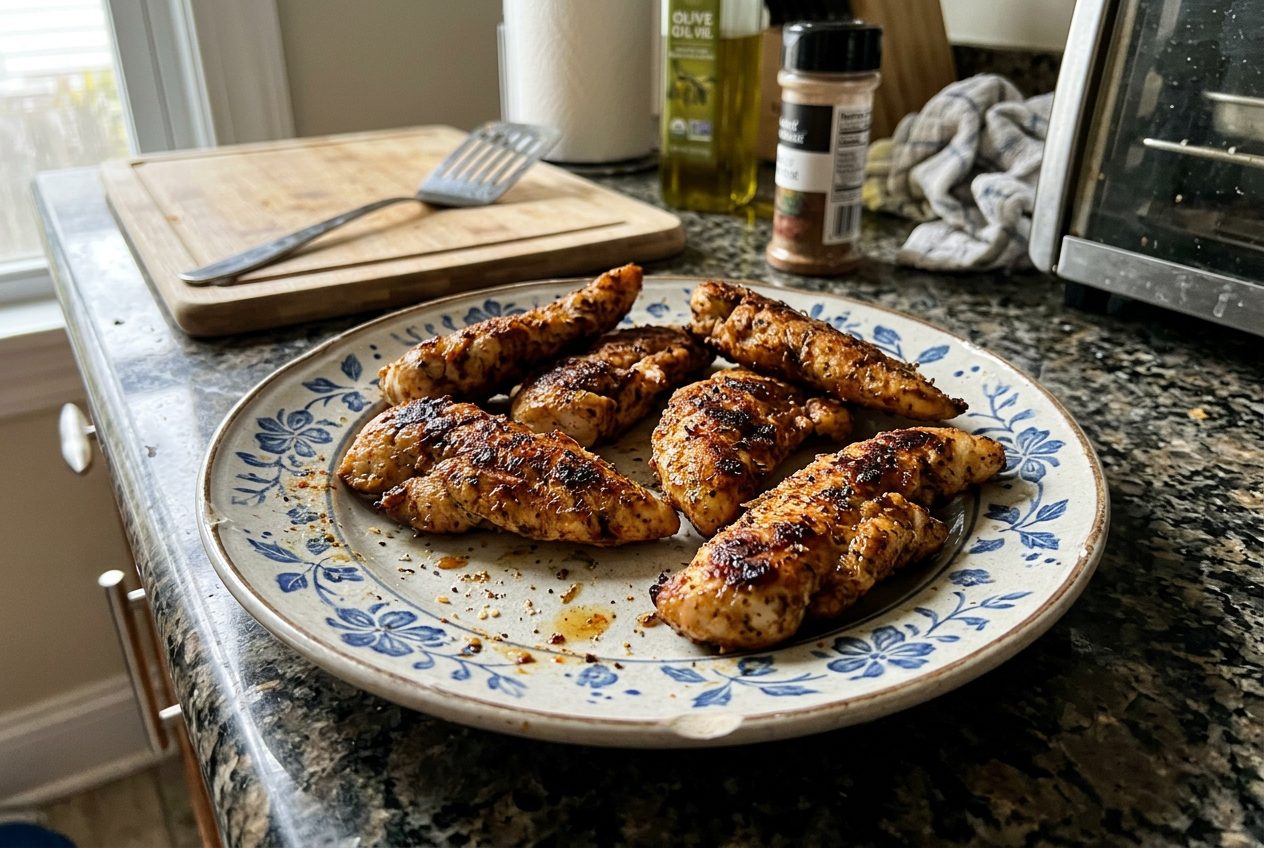 Seasoned no-breading chicken tenders cooked golden in the air fryer