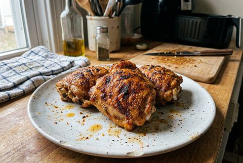 Crispy bone-in air fryer chicken thighs with browned, seasoned skin