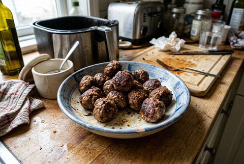Browned meatballs cooked from frozen in the air fryer