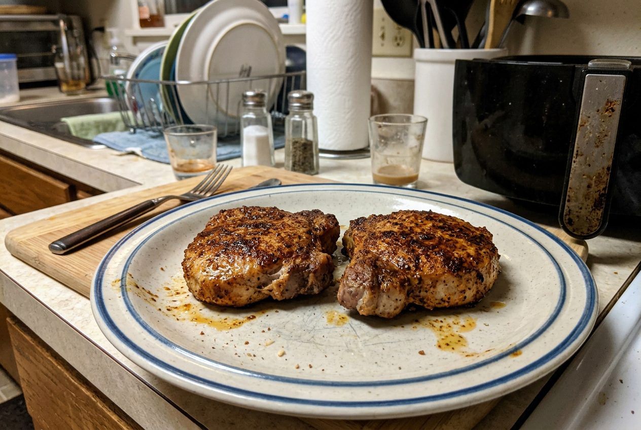 Juicy boneless air fryer pork chops with a browned spice crust