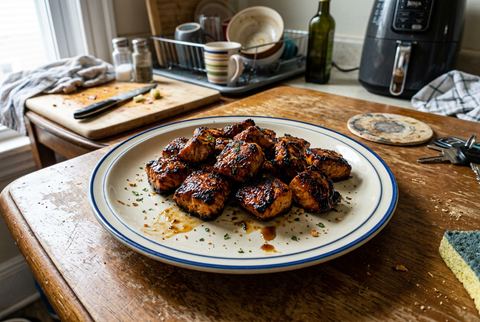 Glazed air fryer salmon bites with caramelized edges