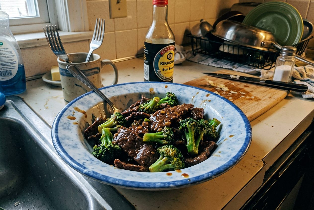 Beef and broccoli stir fry in glossy brown sauce