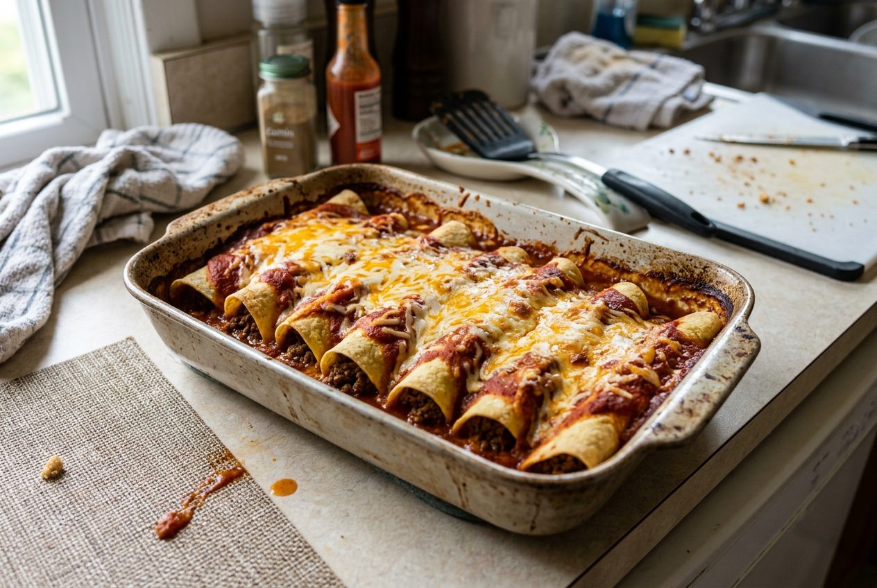 Beef enchiladas rolled and baked in red sauce with melted cheese