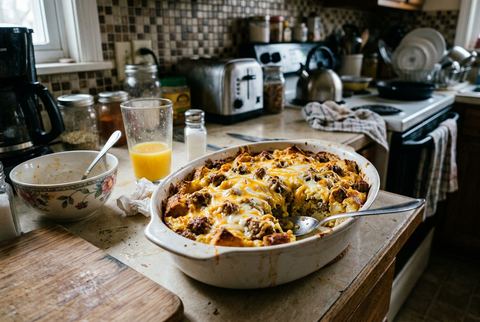 Breakfast casserole with sausage, eggs, and melted cheese