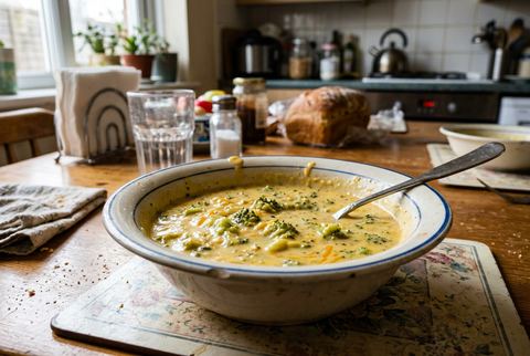 Creamy broccoli cheddar soup in a bowl
