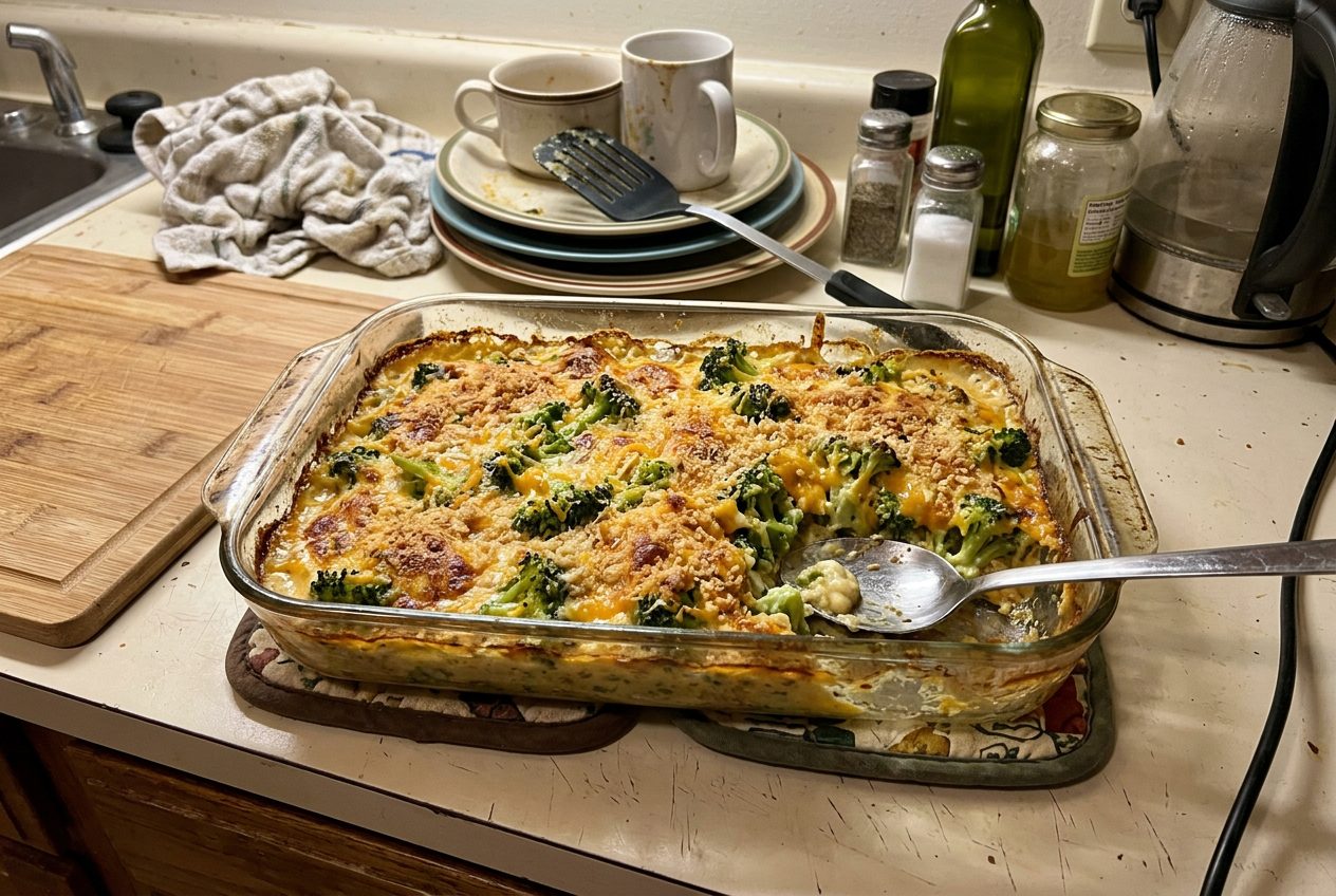 Broccoli cheese casserole baked until golden and bubbling