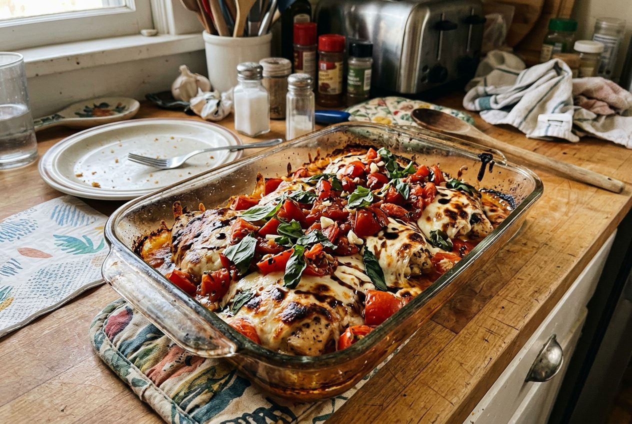 Bruschetta chicken bake topped with tomatoes, basil, and melted mozzarella
