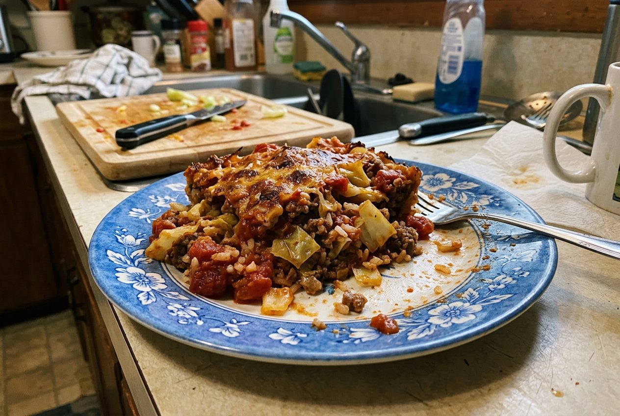 Unstuffed cabbage roll casserole with ground beef, rice, and tomato sauce