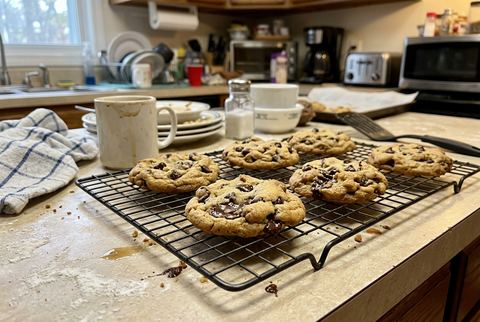 Chewy chocolate chip cookies on a cooling rack