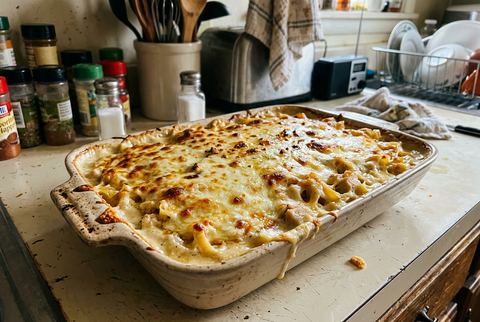 Baked chicken alfredo pasta with golden mozzarella top