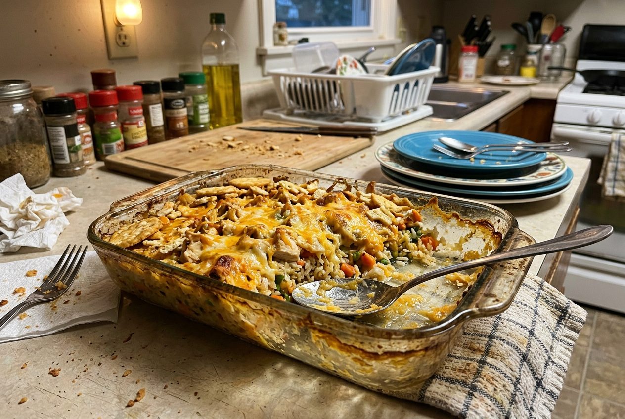 Cheesy chicken and rice casserole in a baking dish