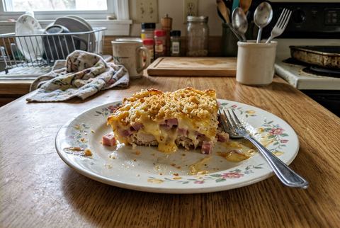 Chicken cordon bleu casserole with ham, swiss cheese sauce, and buttered crumbs