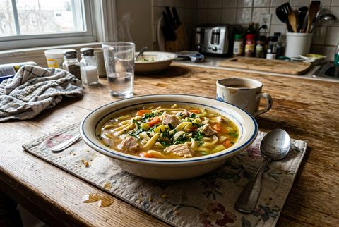 Bowl of from-scratch chicken noodle soup with egg noodles, carrots, and parsley