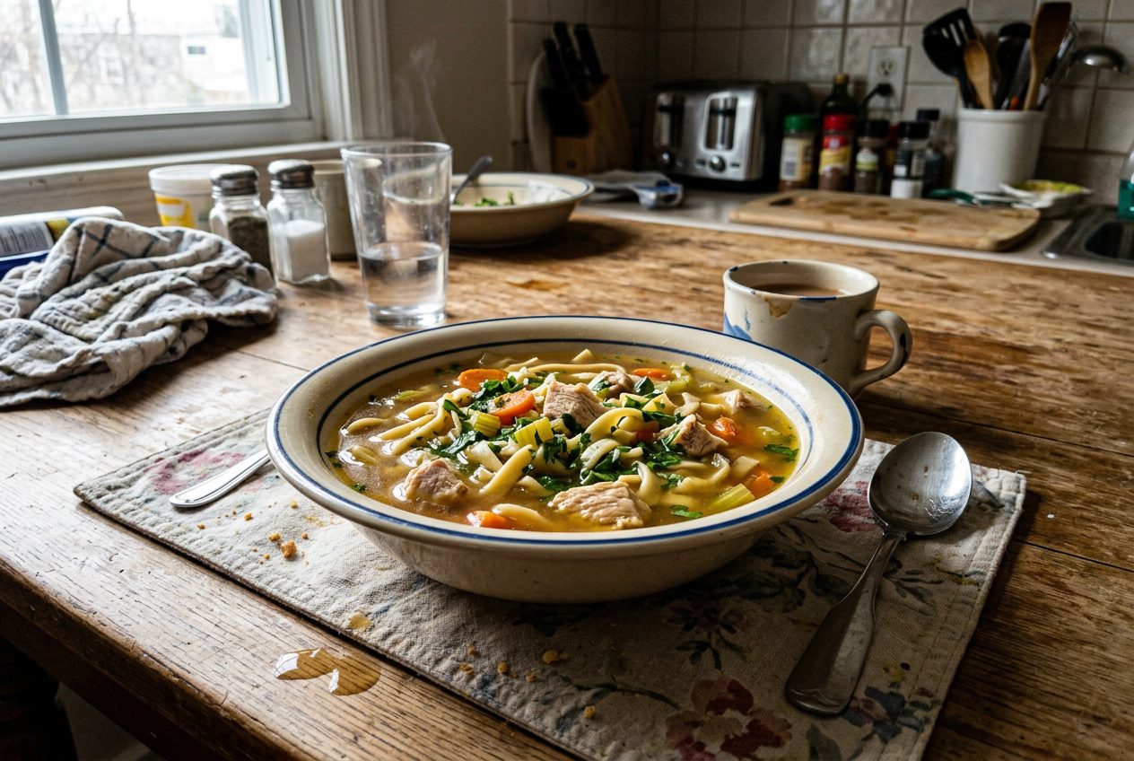 Bowl of from-scratch chicken noodle soup with egg noodles, carrots, and parsley
