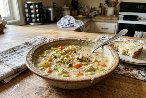 Creamy chicken pot pie soup with vegetables