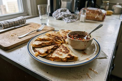 Golden chicken quesadillas cut into wedges