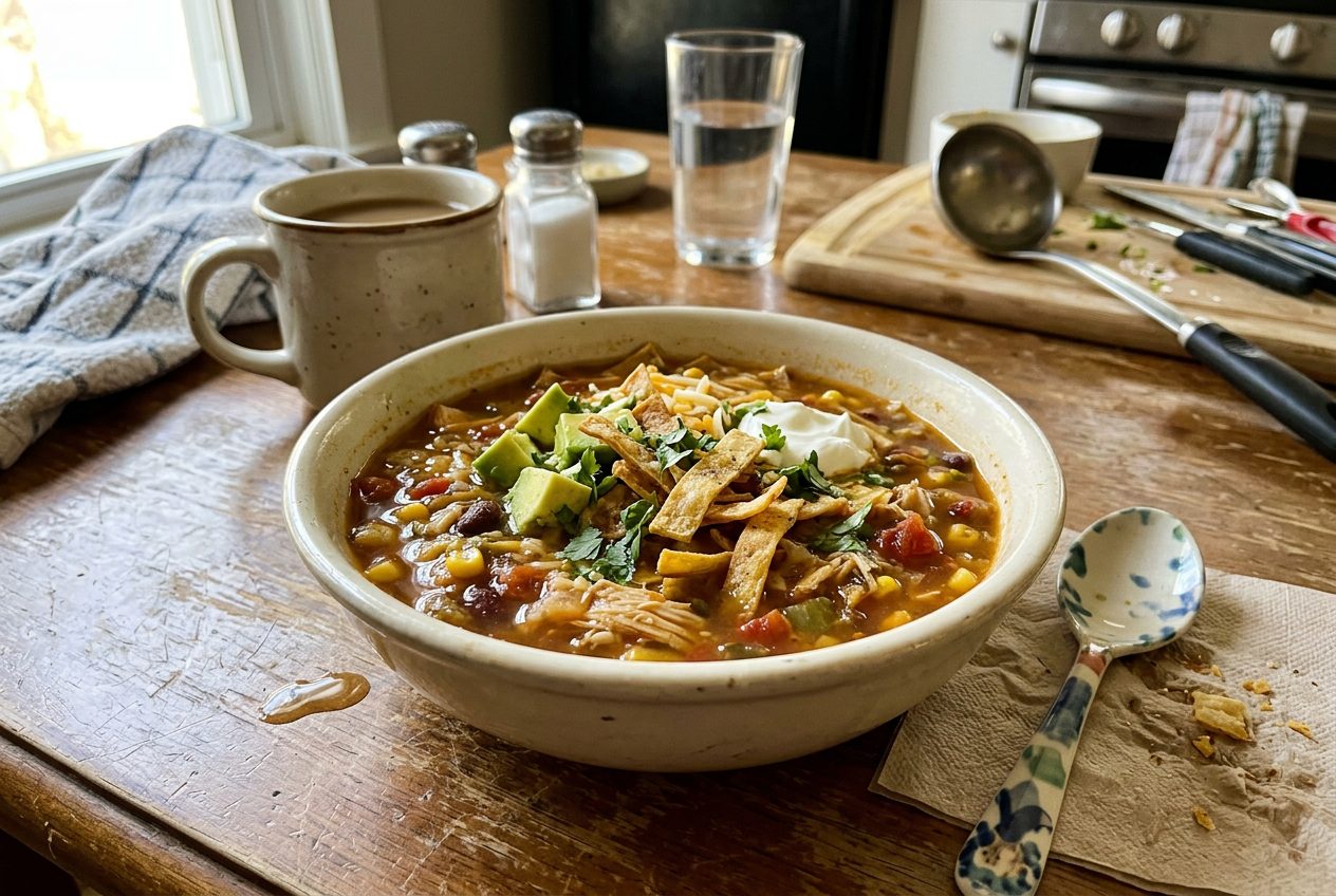 Chicken tortilla soup topped with crispy tortilla strips and avocado