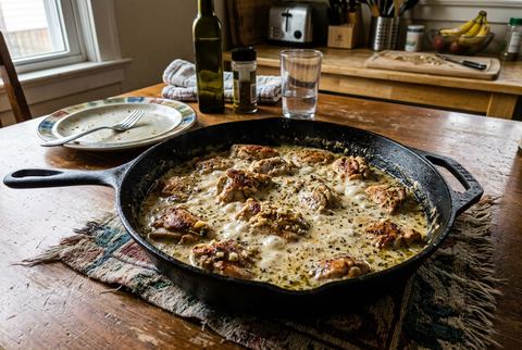 Creamy garlic butter chicken in a skillet with pan sauce