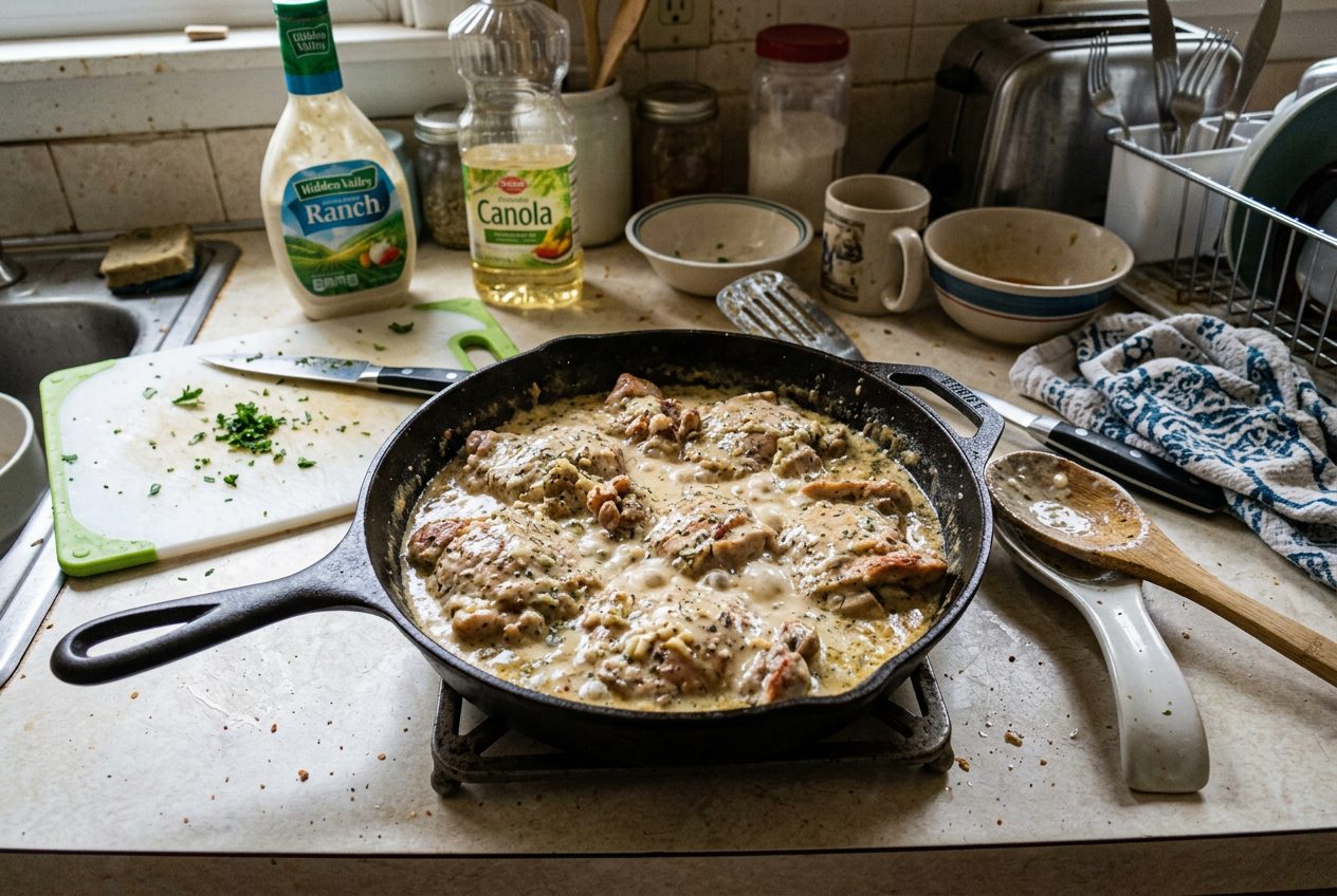 Creamy ranch chicken in a skillet with herbed cream sauce