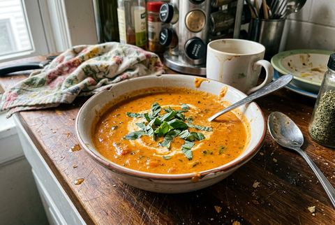 Creamy tomato basil soup garnished with fresh basil
