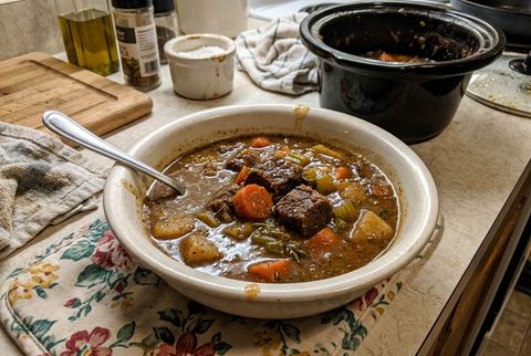 Hearty crockpot beef stew with carrots and potatoes in rich gravy