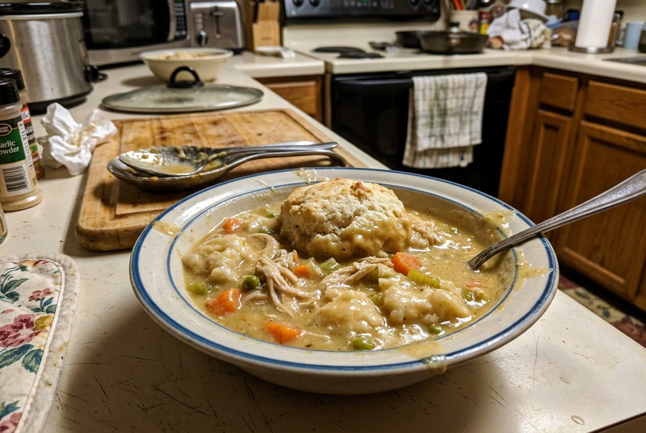 Crockpot chicken and dumplings with fluffy biscuit dumplings in creamy broth