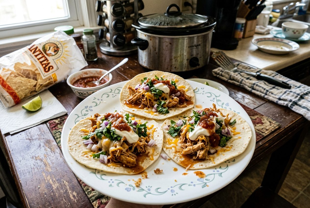 Crockpot chicken tacos topped with cheese and fresh toppings