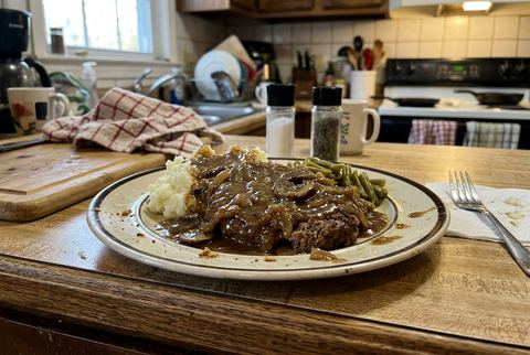 Crockpot cube steak smothered in rich onion mushroom gravy
