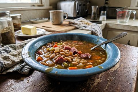 Rustic crockpot ham and bean soup in a bowl