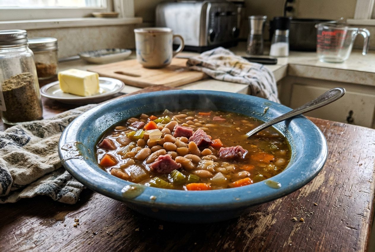 Rustic crockpot ham and bean soup in a bowl