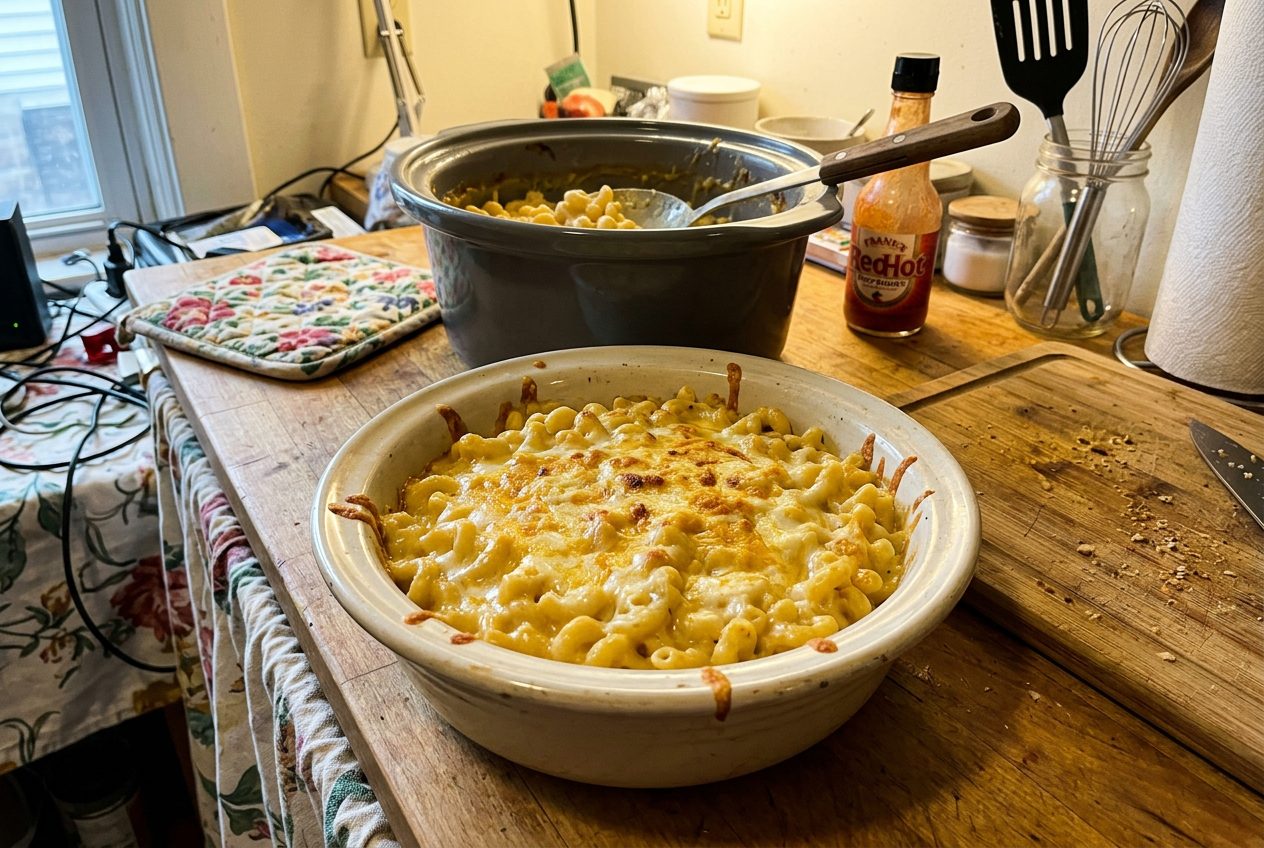 Creamy baked-style crockpot mac and cheese in a serving dish