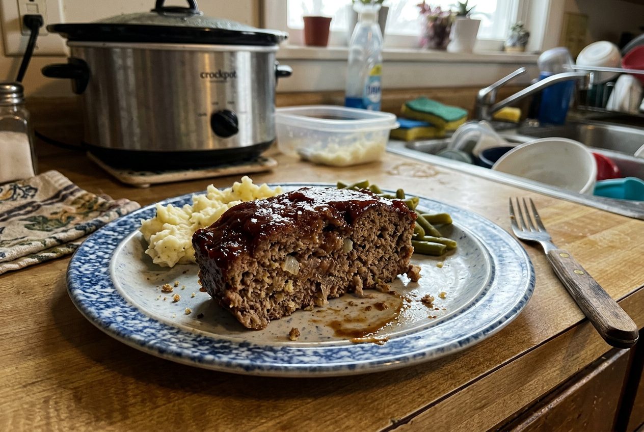 Glazed crockpot meatloaf sliced to show a moist tender crumb