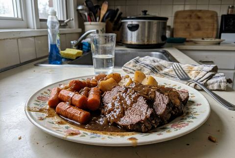 Sliced crockpot pot roast with carrots and rich gravy