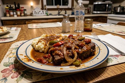 Crockpot swiss steak smothered in tomato gravy with peppers and onions