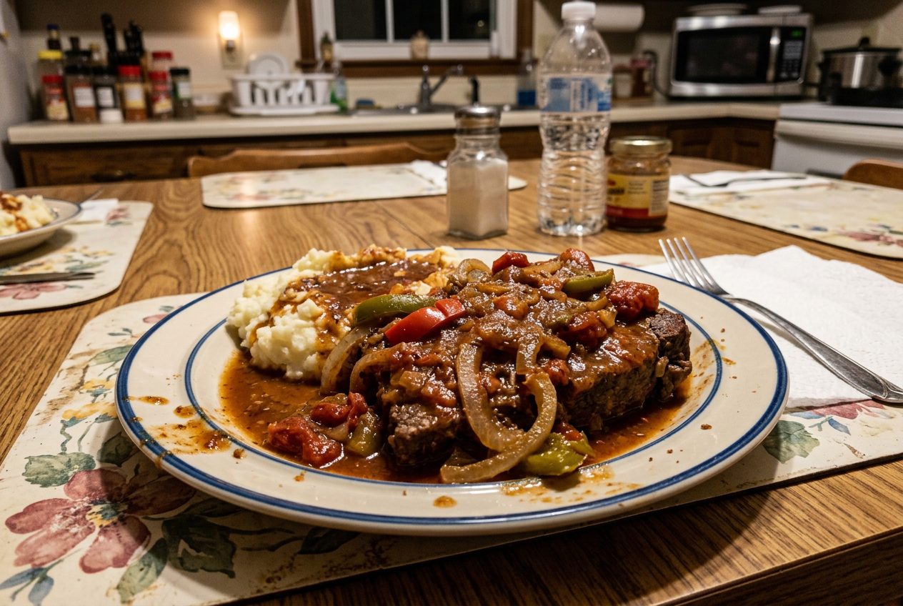 Crockpot swiss steak smothered in tomato gravy with peppers and onions