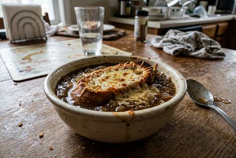 French onion soup with melted gruyère over a toasted baguette slice