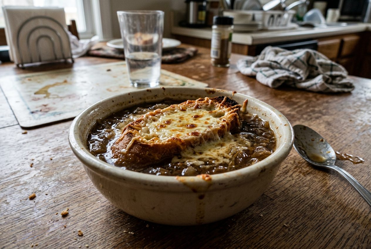 French onion soup with melted gruyère over a toasted baguette slice
