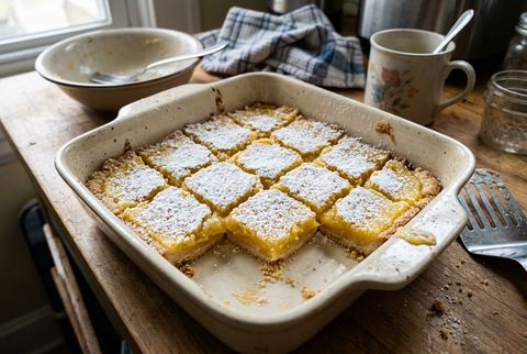 Lemon bars with shortbread crust dusted with powdered sugar