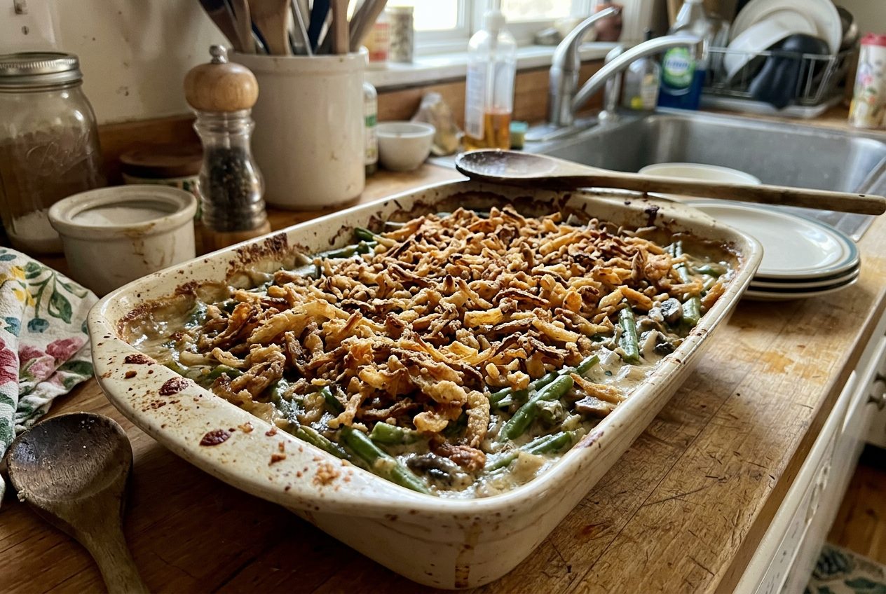 From-scratch green bean casserole with crispy fried onion topping