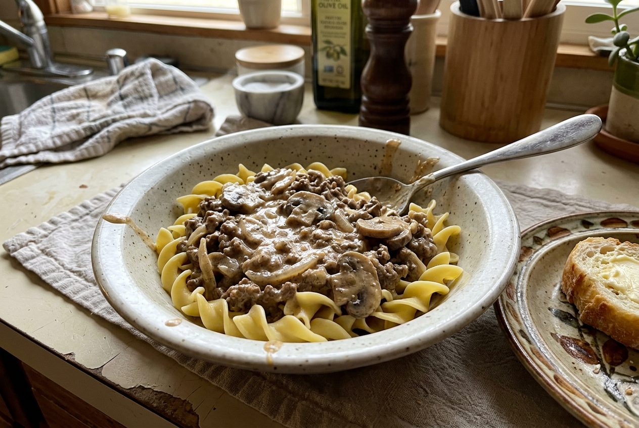 Ground beef stroganoff with mushrooms over egg noodles