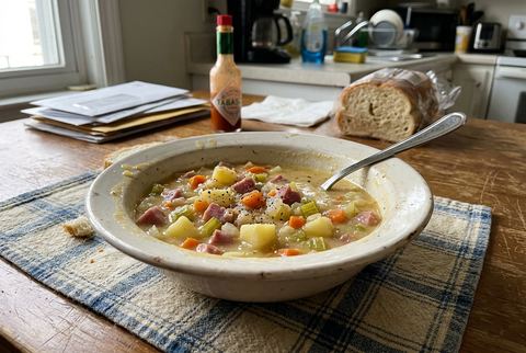 Hearty ham and potato soup in a rustic bowl