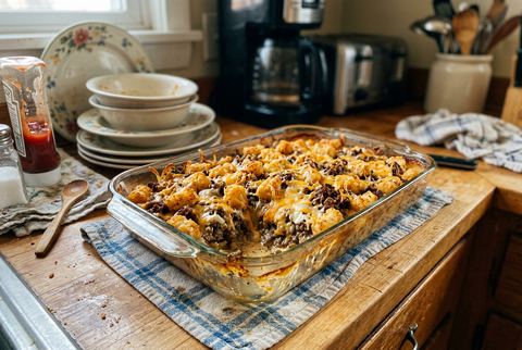 Hamburger hashbrown casserole with browned potato and beef layers