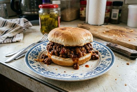 Homemade sloppy joe sandwich with saucy ground beef on a toasted bun