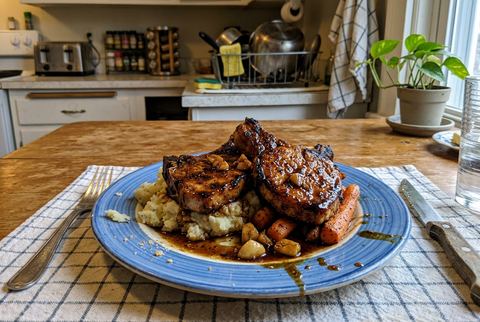 Honey garlic glazed pork chops with caramelized pan sauce