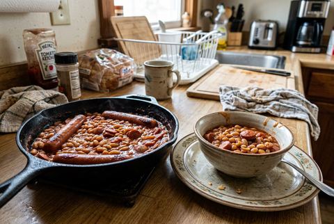 Skillet of smoky hot dogs and baked beans