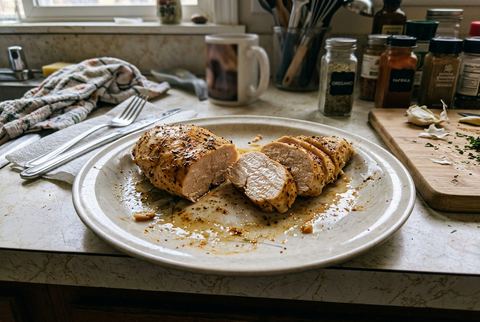 Juicy baked chicken breast with golden seasoning, sliced to show moist interior