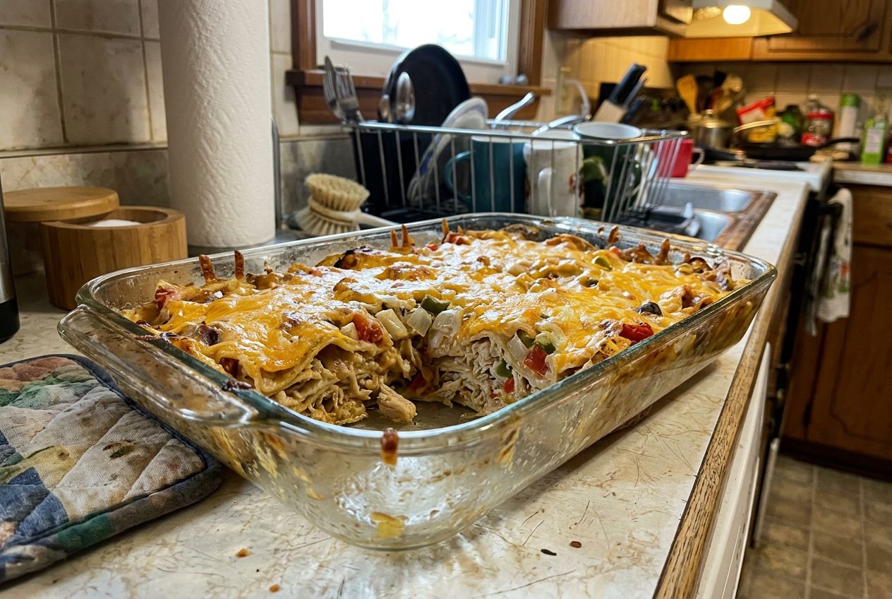 King Ranch chicken casserole with layered tortillas, chicken, and melted cheese